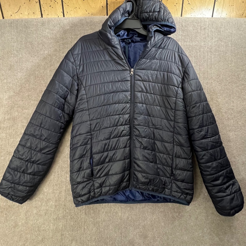 Mens Packable MED Puffer Jacket Lightweight Hooded Quilted Coat - Black/Navy